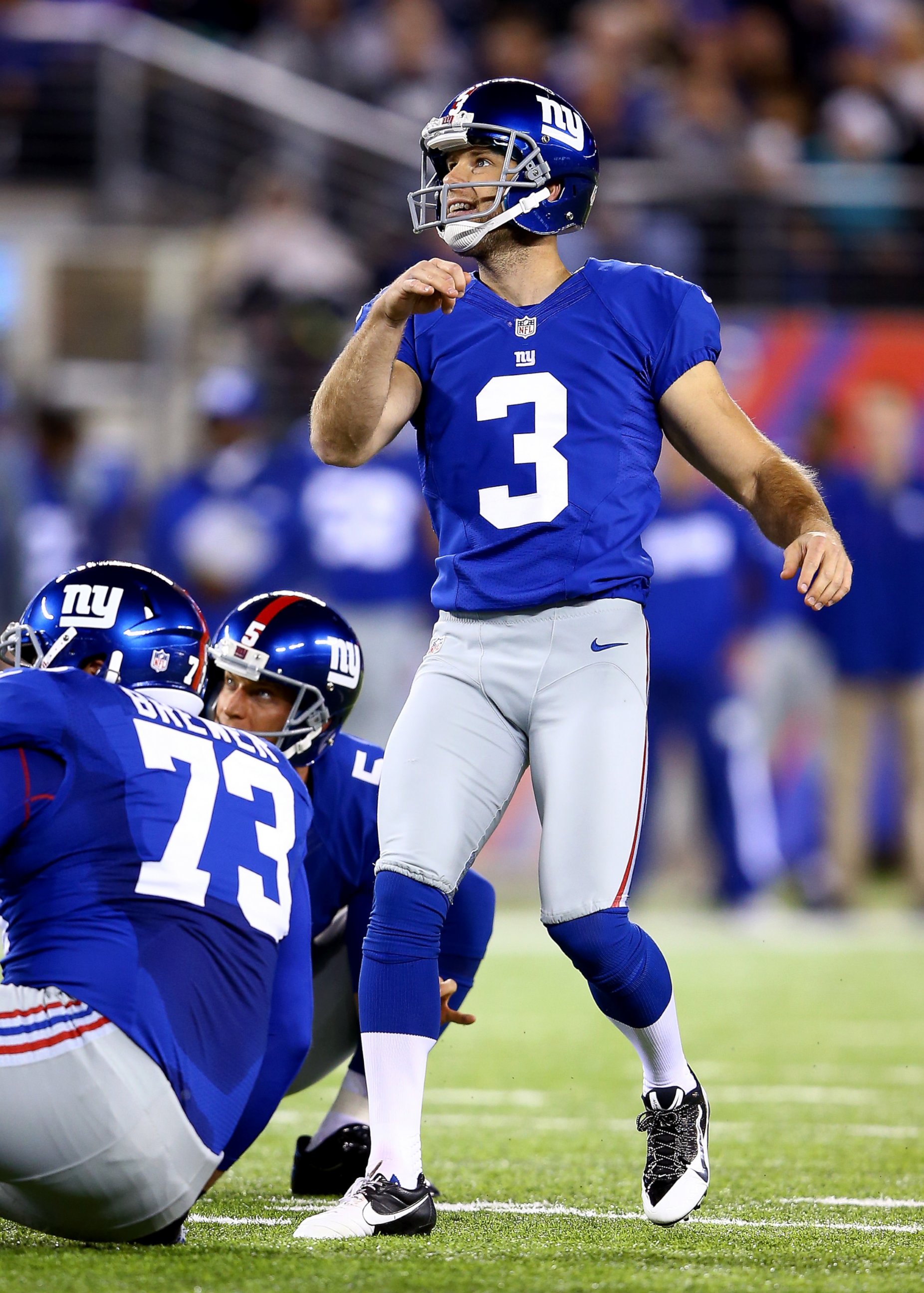 PHOTO: Josh Brown #3 of the New York Giants looks on after an extra point against the Minnesota Vikings during a game at MetLife Stadium on October 21, 2013 in East Rutherford, New Jersey. 