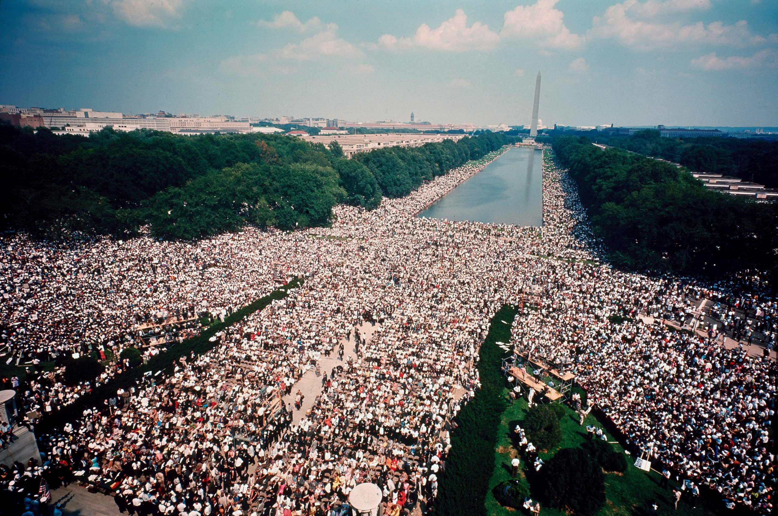 PHOTO: Overhead view of the crowd assembled on the Mall in front of the Reflecting Pool and between the Lincoln and Washington monuments during the civil rights March on Washington for Jobs and Freedom, Washington DC, August 28, 1963. 
