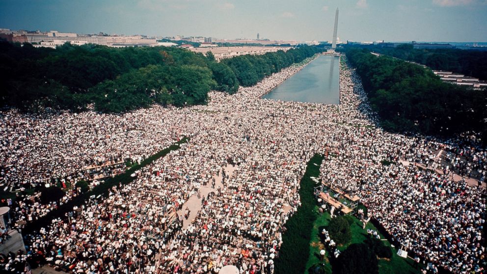 PHOTO: Overhead view of the crowd assembled on the Mall in front of the Reflecting Pool and between the Lincoln and Washington monuments during the civil rights March on Washington for Jobs and Freedom, Washington DC, August 28, 1963. 