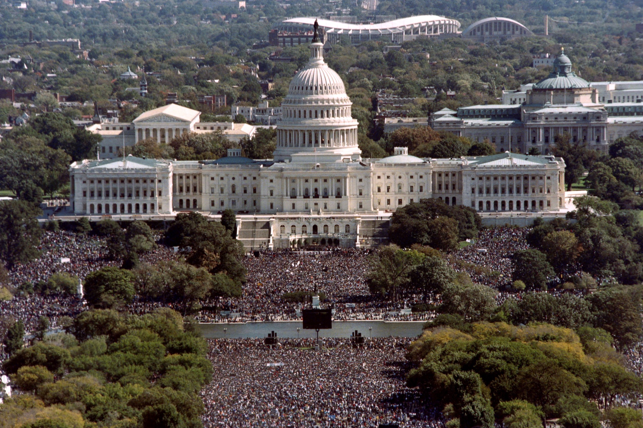PHOTO: This photograph taken from the top of the Washington Monument shows thousands of people on the Mall in front of the US Capitol during the 'Million Man March' in Washington D.C., on October 16, 1995. 