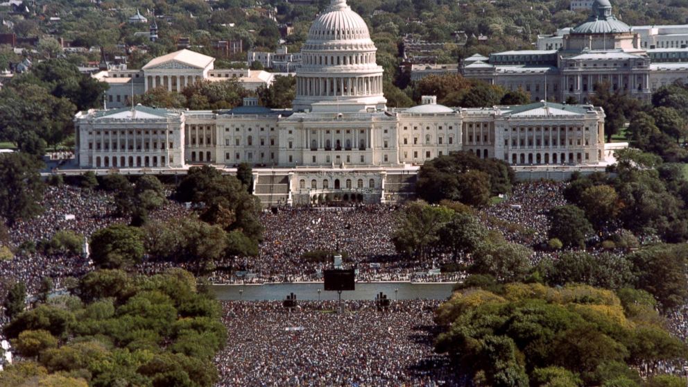 PHOTO: This photograph taken from the top of the Washington Monument shows thousands of people on the Mall in front of the US Capitol during the 'Million Man March' in Washington D.C., on October 16, 1995. 