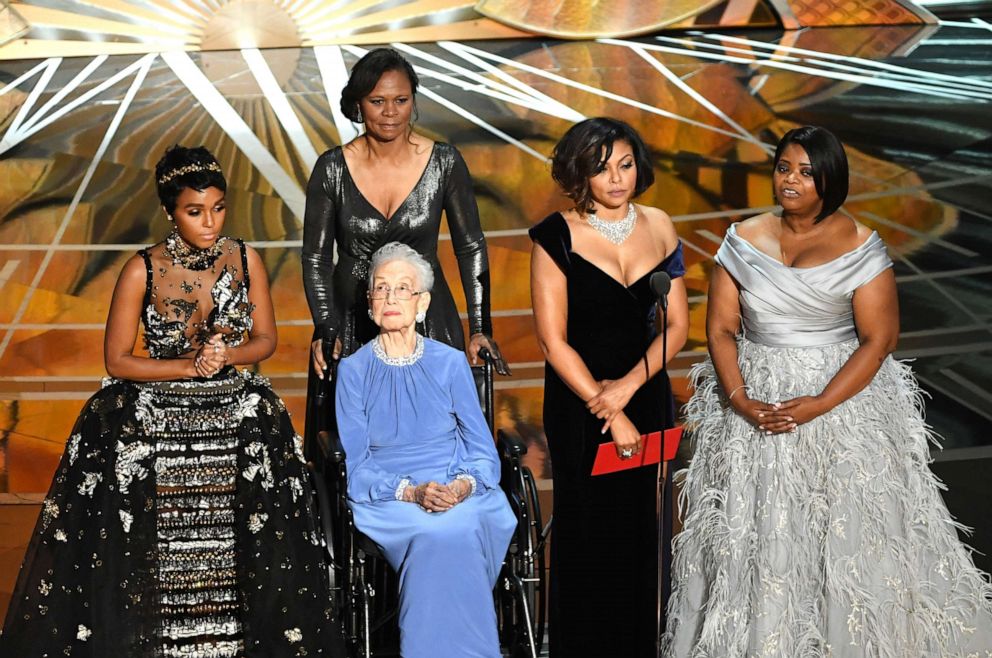PHOTO: NASA mathematician Katherine Johnson (2nd L) appears onstage with (L-R) actors Janelle Monae, Taraji P. Henson and Octavia Spencer during the 89th Annual Academy Awards at Hollywood &amp; Highland Center, on Feb. 26, 2017, in Hollywood, Calif. 