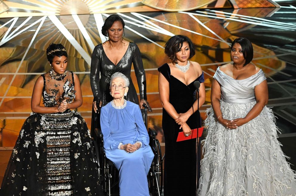 PHOTO: NASA mathematician Katherine Johnson (2nd L) appears onstage with (L-R) actors Janelle Monae, Taraji P. Henson and Octavia Spencer during the 89th Annual Academy Awards at Hollywood & Highland Center, on Feb. 26, 2017, in Hollywood, Calif. 