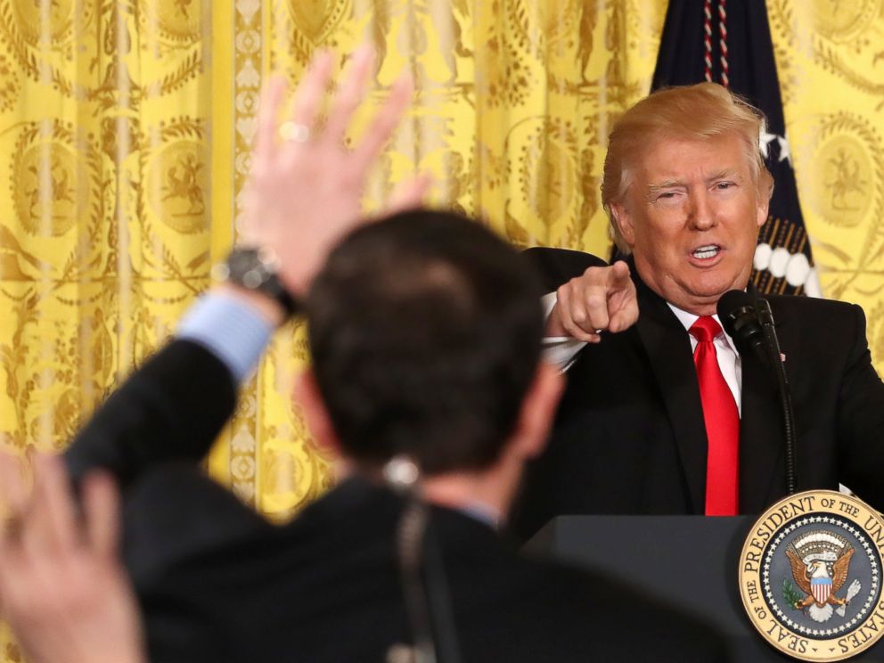 PHOTO: President Donald Trump takes reporters questions during a news conference announcing Alexander Acosta as the new Labor Secretary nominee in the East Room at the White House on February 16, 2017.