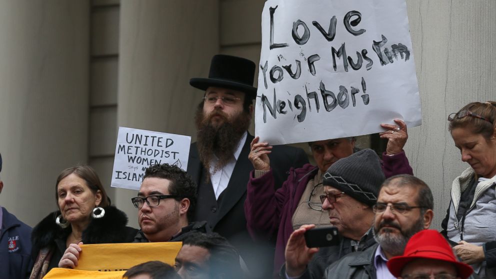 PHOTO: Religious leaders from varied religions and beliefs hold a joint press release during a protest against hate speech of Republican presidential candidate Donald Trump in front of New York City Hall, Dec. 9, 2015, in New York City.