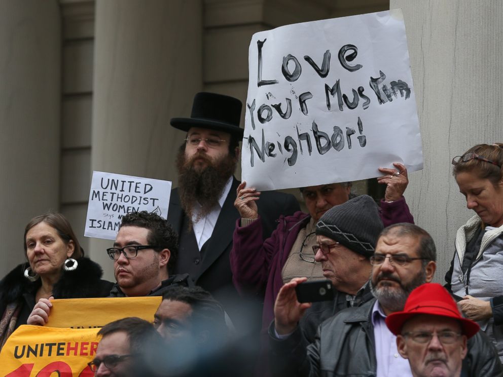 PHOTO: Religious leaders from varied religions and beliefs hold a joint press release during a protest against hate speech of Republican presidential candidate Donald Trump in front of New York City Hall, Dec. 9, 2015, in New York City.
