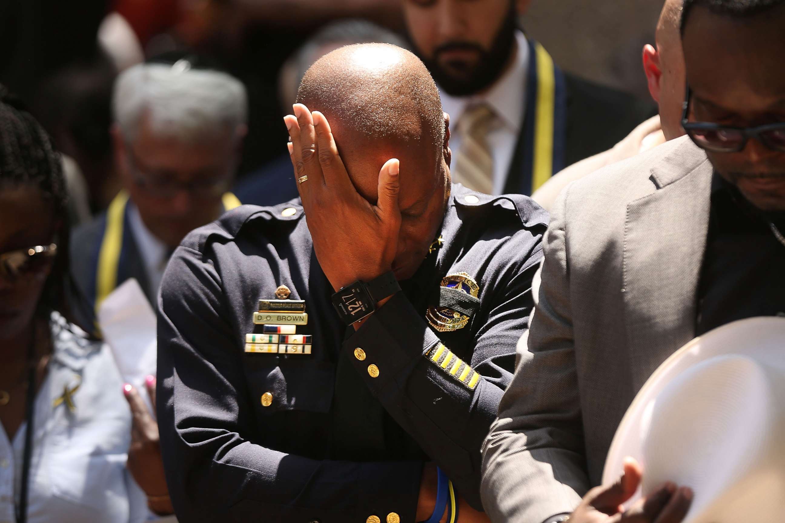 PHOTO: Dallas Police Chief David Brown pauses at a prayer vigil following the deaths of five police officers last night during a Black Live Matter march, July 8, 2016, in Dallas, Texas.