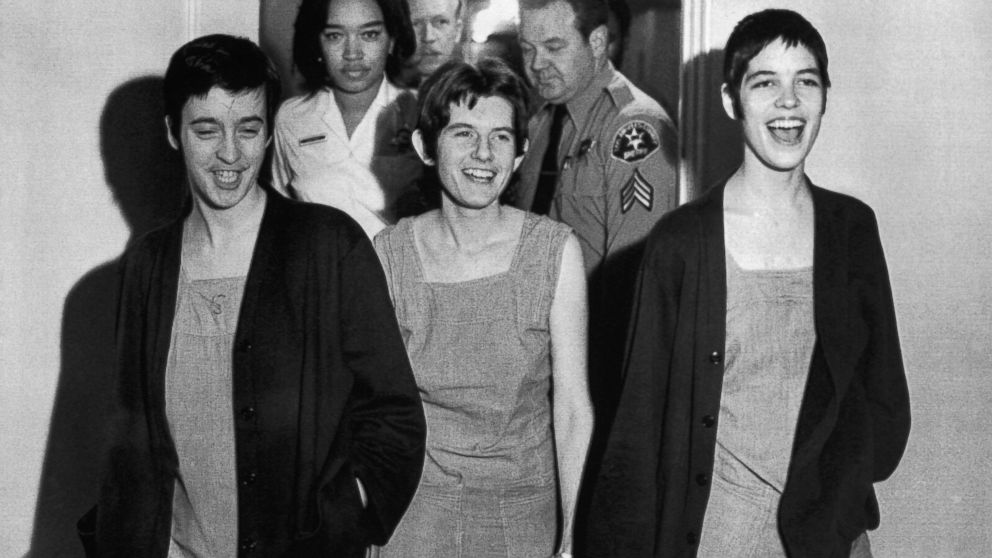 PHOTO: From left, Susan Denise Atkins, Patricia Krenwinkel and Leslie Van Houten laugh after receiving the death sentence for their part in the Tate-LaBianca killing at the order of Charles Manson, March 29, 1971.
