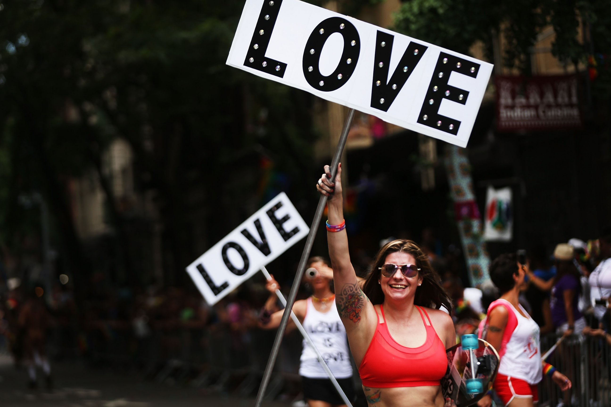 PHOTO: Participants in the annual New York Gay Pride Parade march in the West Village in Manhattan, June 25, 2017 in New York City. 