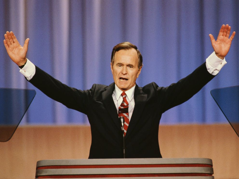 PHOTO: Vice President George Bush raises his arms during a speech at the 1988 Republican National Convention in New Orleans.