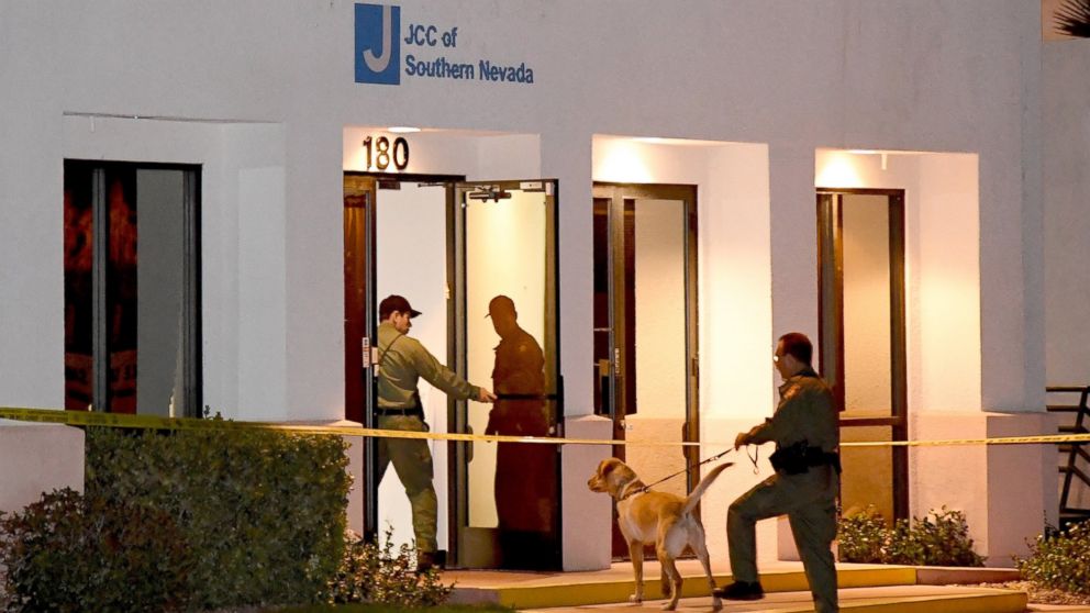 PHOTO: Las Vegas Metropolitan Police Department K-9 officers search the Jewish Community Center of Southern Nevada after an employee received a suspicious phone call that led people to evacuate the building, Feb. 27, 2017, in Las Vegas, Nevada.