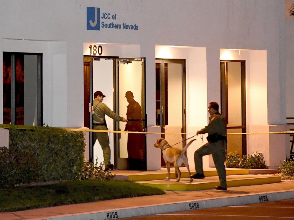 PHOTO: Las Vegas Metropolitan Police Department K-9 officers search the Jewish Community Center of Southern Nevada after an employee received a suspicious phone call that led people to evacuate the building, Feb. 27, 2017, in Las Vegas, Nevada.