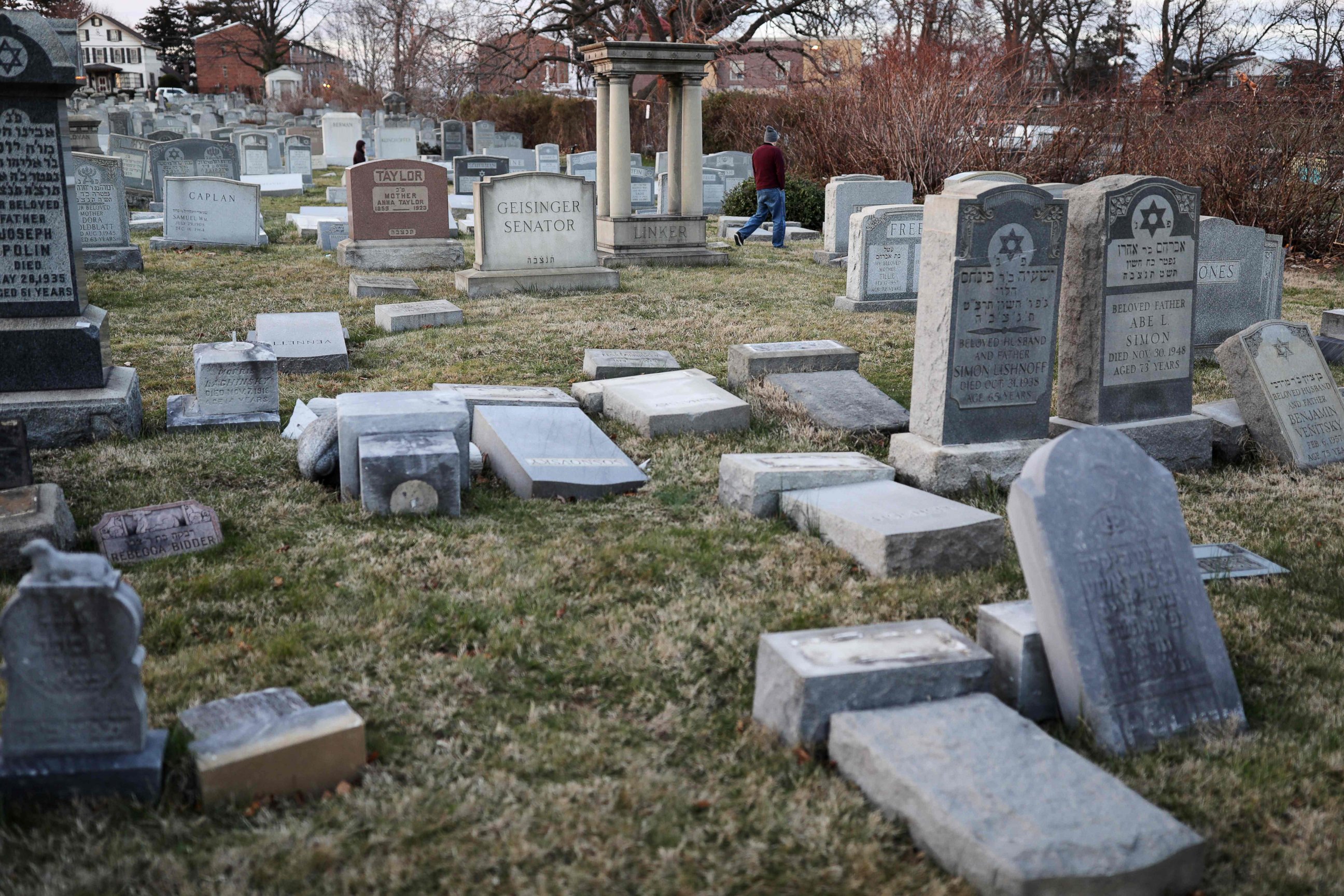 PHOTO: Vandalized tombstones are seen at the Jewish Mount Carmel Cemetery, Feb. 26, 2017, in Philadelphia. 