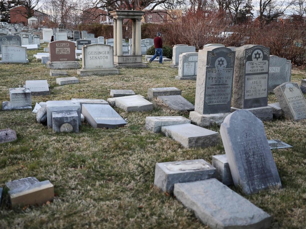 PHOTO: Vandalized tombstones are seen at the Jewish Mount Carmel Cemetery, Feb. 26, 2017, in Philadelphia.