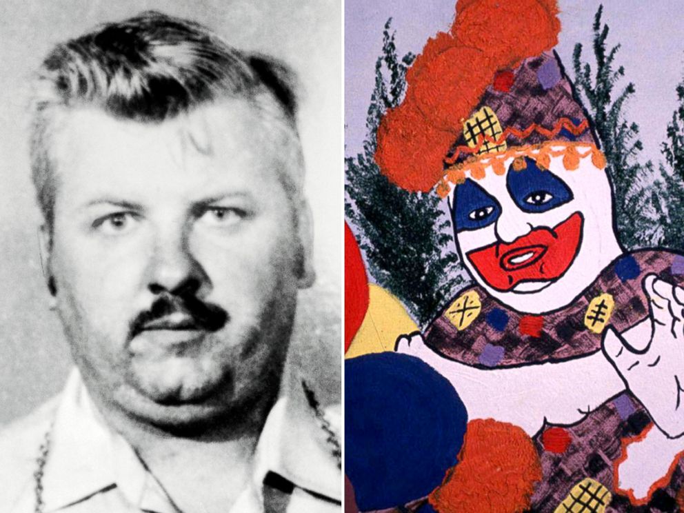 PHOTO: John Wayne Gacy, left, drew himself as Pogo the Clown in a self portrait, right, he did in prison.