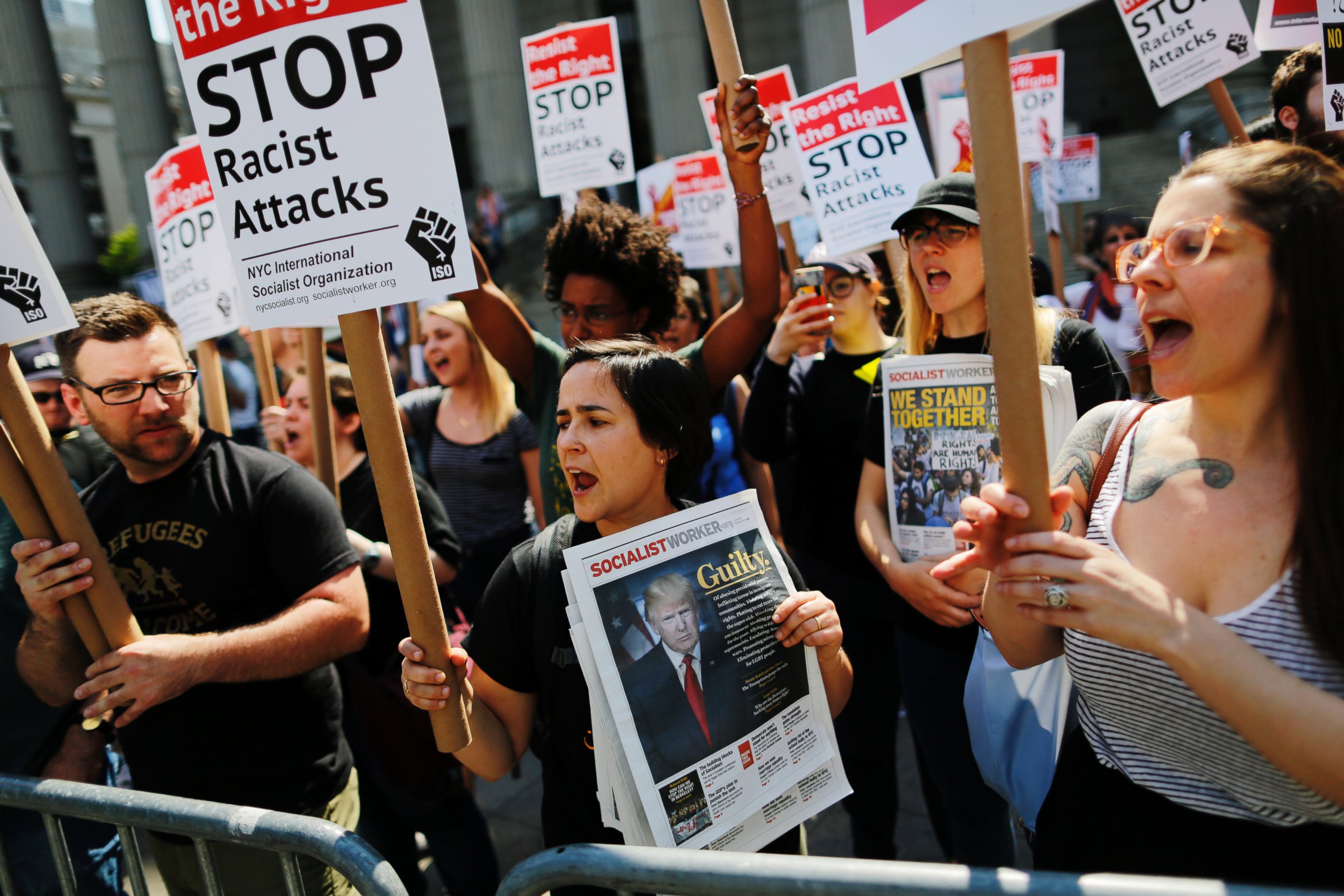 PHOTO: People march and shout slogans in support of Muslim community as activists take part in the "March Against Sharia" on June 10, 2017 in New York City. 