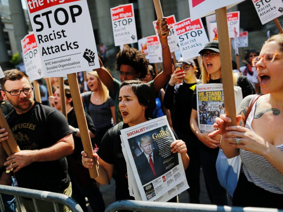 PHOTO: People march and shout slogans in support of Muslim community as activists take part in the March Against Sharia on June 10, 2017 in New York City.