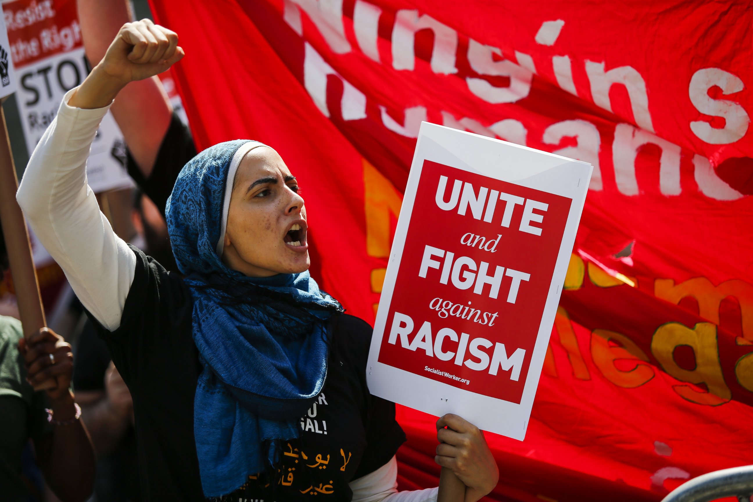 PHOTO: A woman shouts slogans as people march in support of Muslim community as activists take part in the "March Against Sharia" at Foley Square on June 10, 2017 in New York City. 