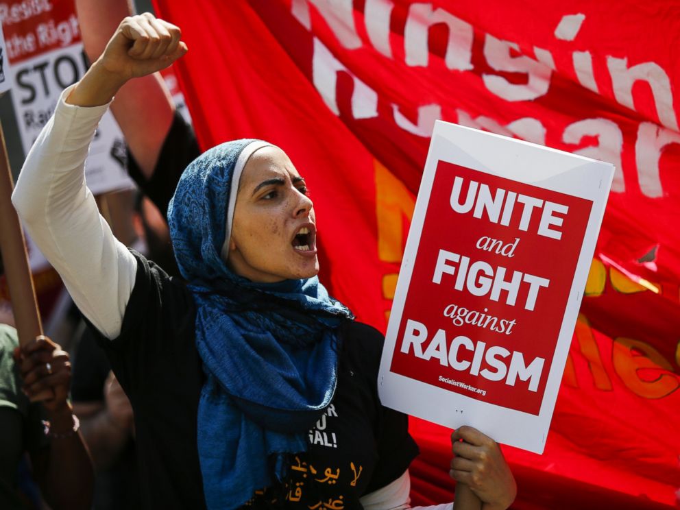 PHOTO: A woman shouts slogans as people march in support of Muslim community as activists take part in the March Against Sharia at Foley Square on June 10, 2017 in New York City.