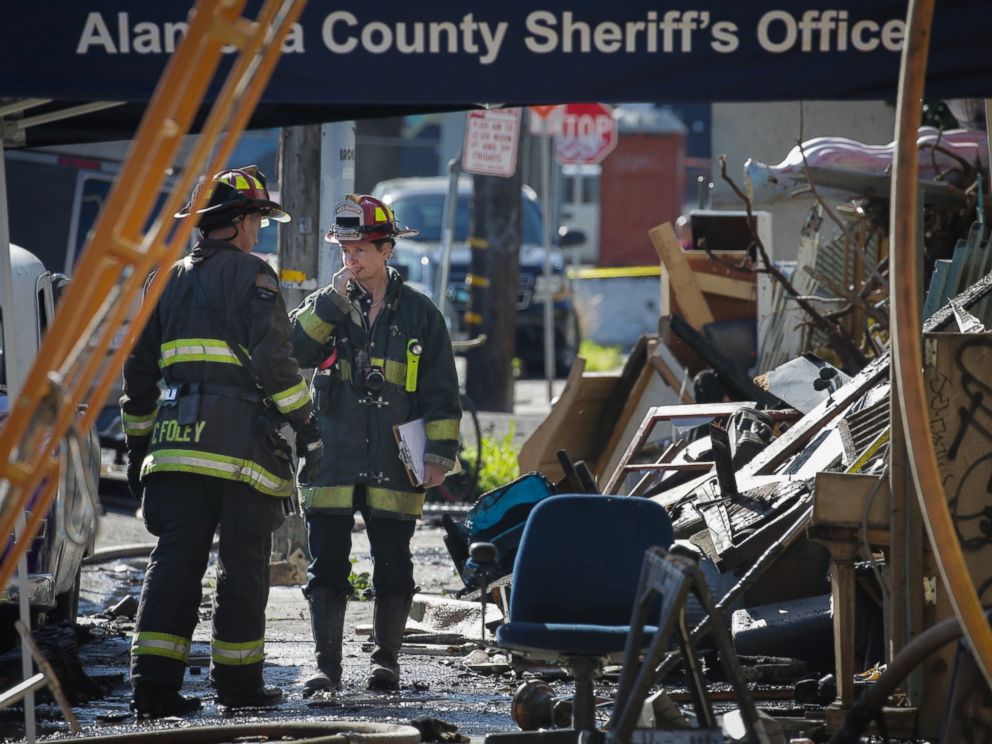PHOTO: Firefighters work on the scene following an overnight fire that claimed the lives of at least nine people at a warehouse in the Fruitvale neighborhood, Dec. 3, 2016 in Oakland, California.