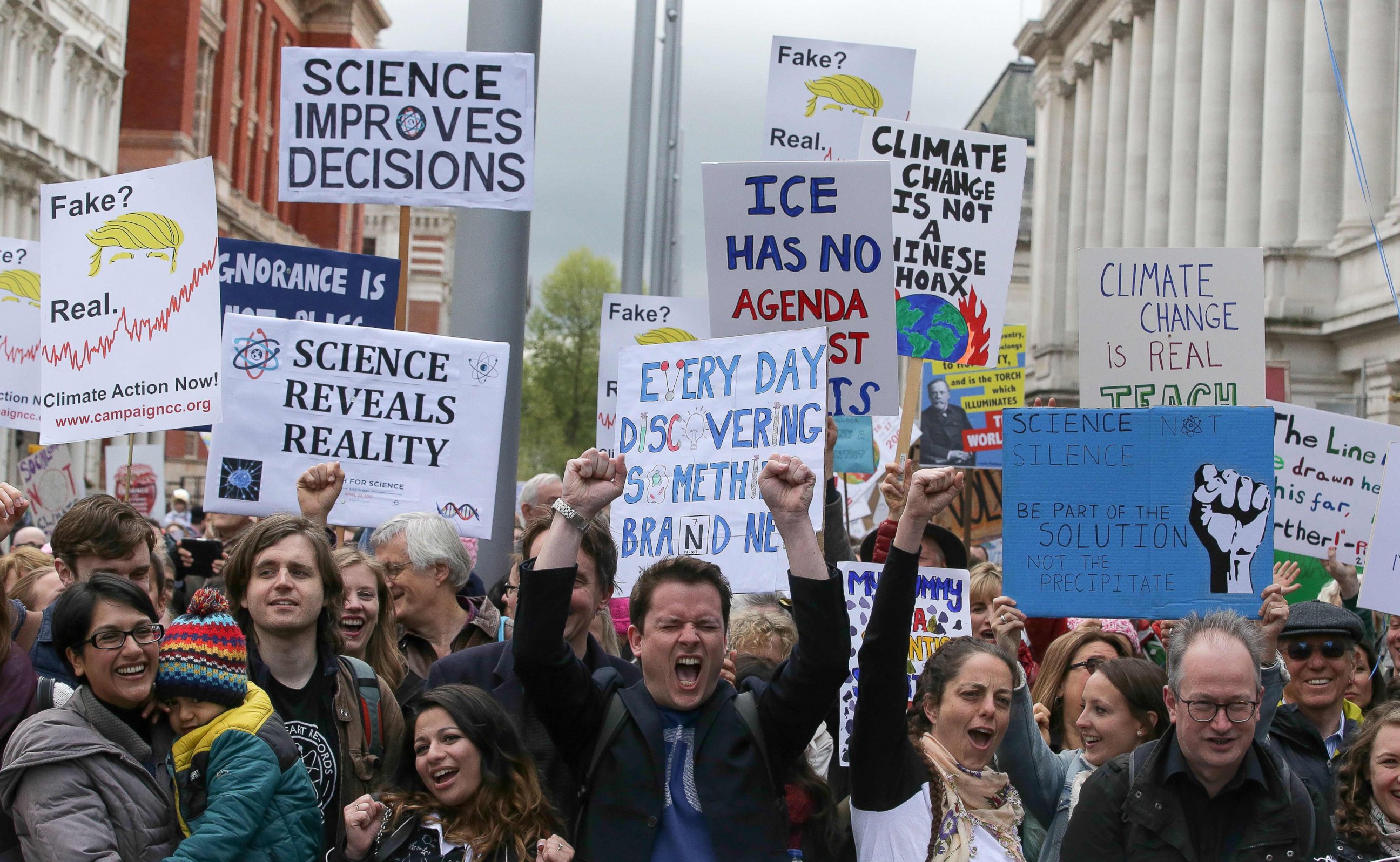 PHOTO: Scientists and science enthusiasts gather prior to the start of the March for Science outside the Science Museum in central London, April 22, 2017.
