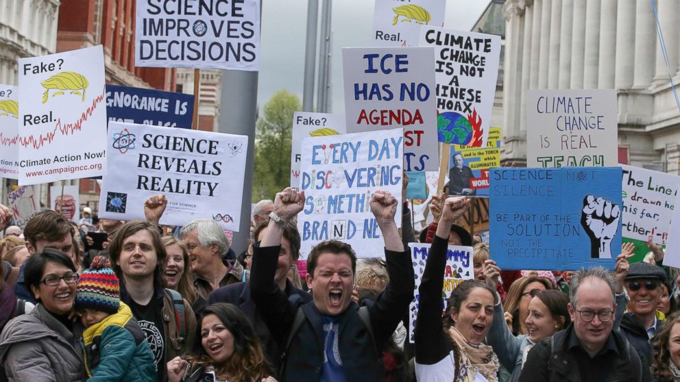 PHOTO: Scientists and science enthusiasts gather prior to the start of the March for Science outside the Science Museum in central London, April 22, 2017.