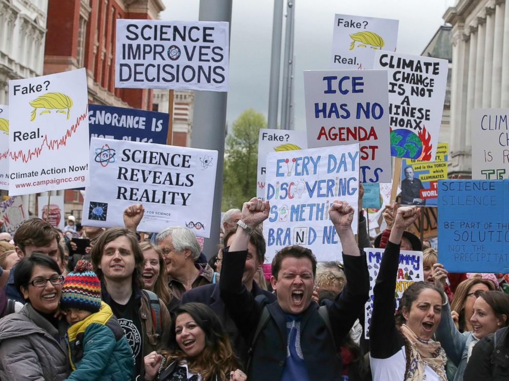 PHOTO: Scientists and science enthusiasts gather prior to the start of the March for Science outside the Science Museum in central London, April 22, 2017.