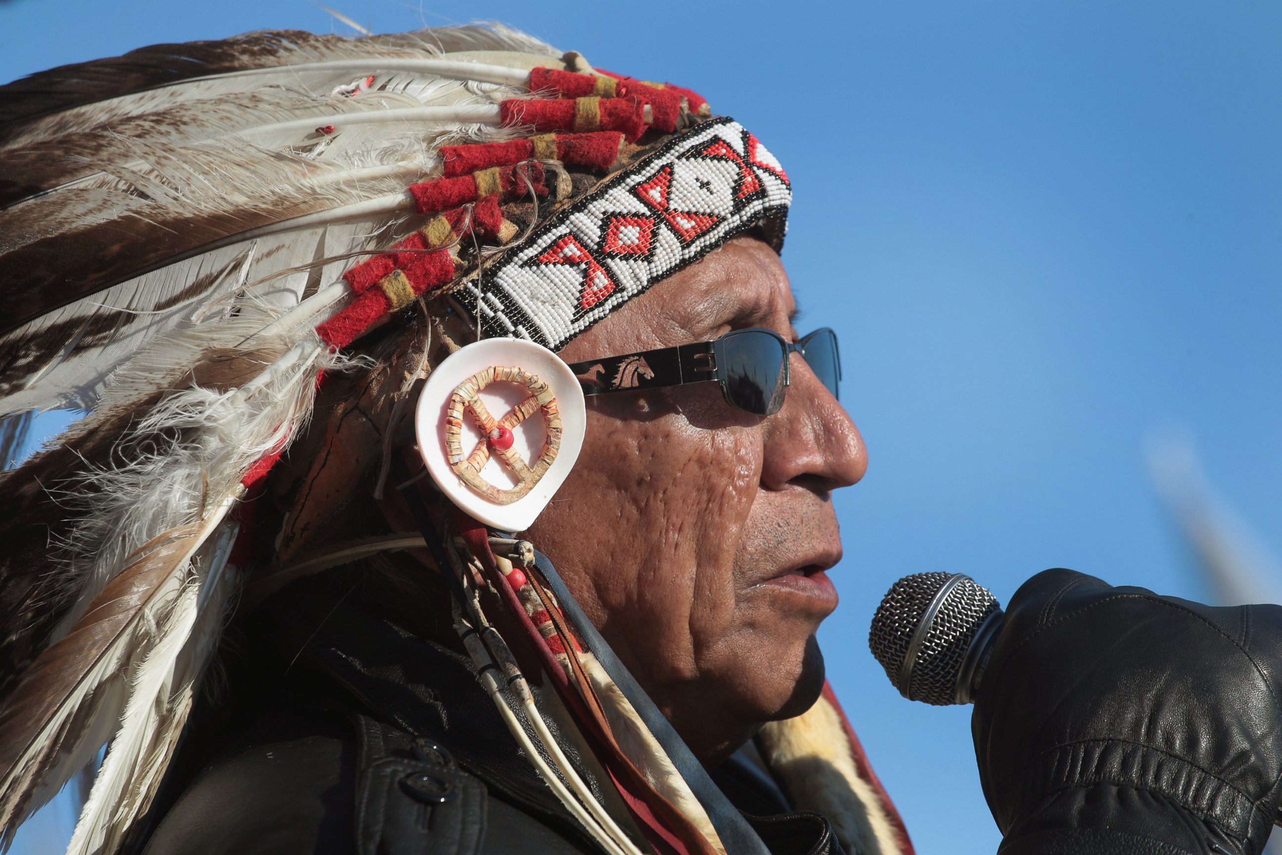 PHOTO: Chief Arvol Looking Horse of the Lakota/Dakota/Nakota Nation speaks during an interfaith ceremony at Oceti Sakowin Camp on the edge of the Standing Rock Sioux Reservation, Dec. 4, 2016 outside Cannon Ball, North Dakota.