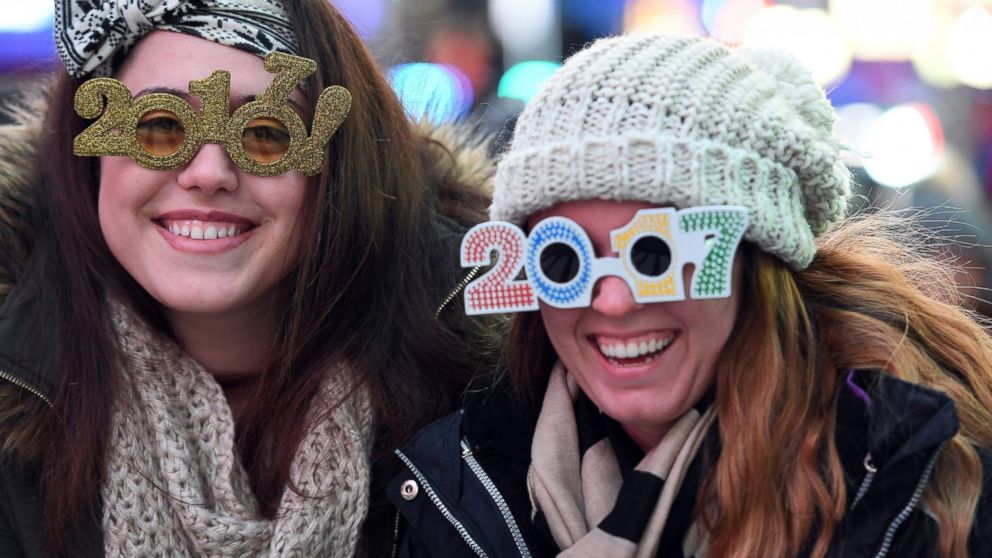 People gather in Times Square to celebrate New Year's Eve in New York on Dec. 31, 2016. 