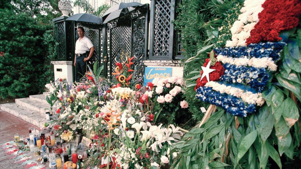 PHOTO: Floral tributes after the murder of Italian fashion designer Gianni Versace outside his Miami Beach home, July 1997. 