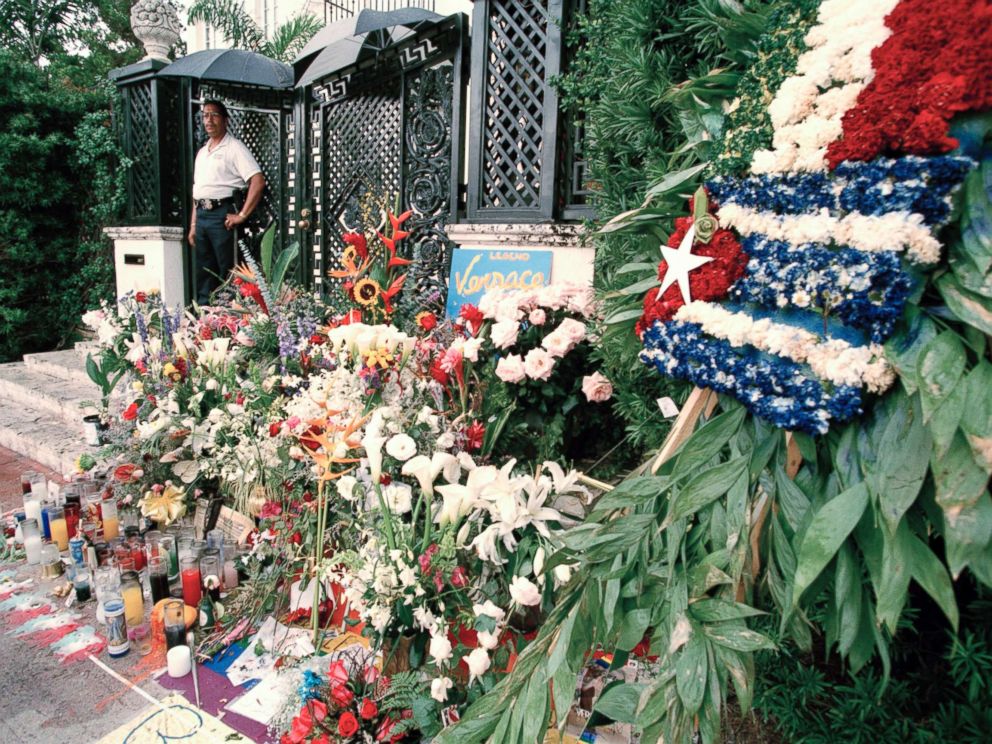 PHOTO: Floral tributes after the murder of Italian fashion designer Gianni Versace outside his Miami Beach home, July 1997.