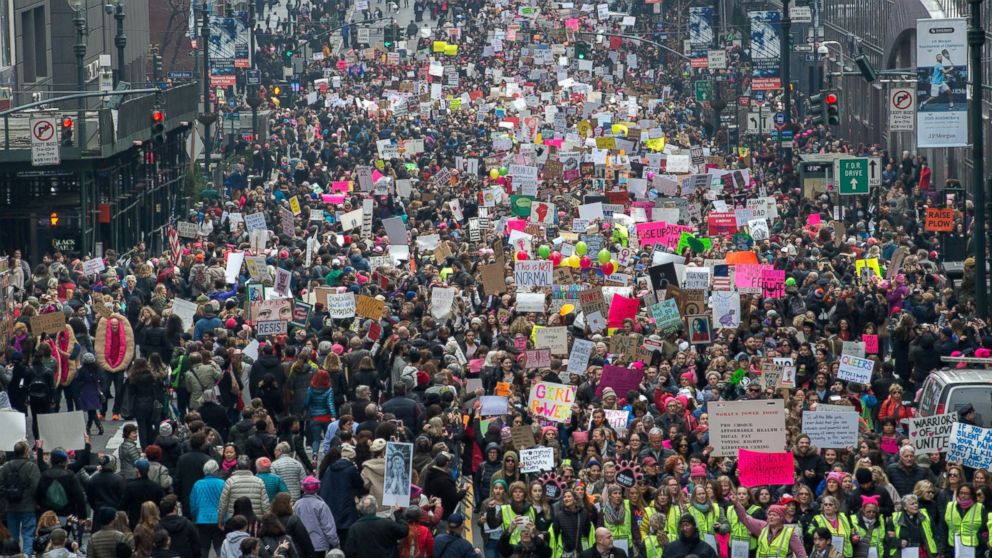 PHOTO: Demonstrators march during the Women's March, Jan. 21, 2017 in New York City. 