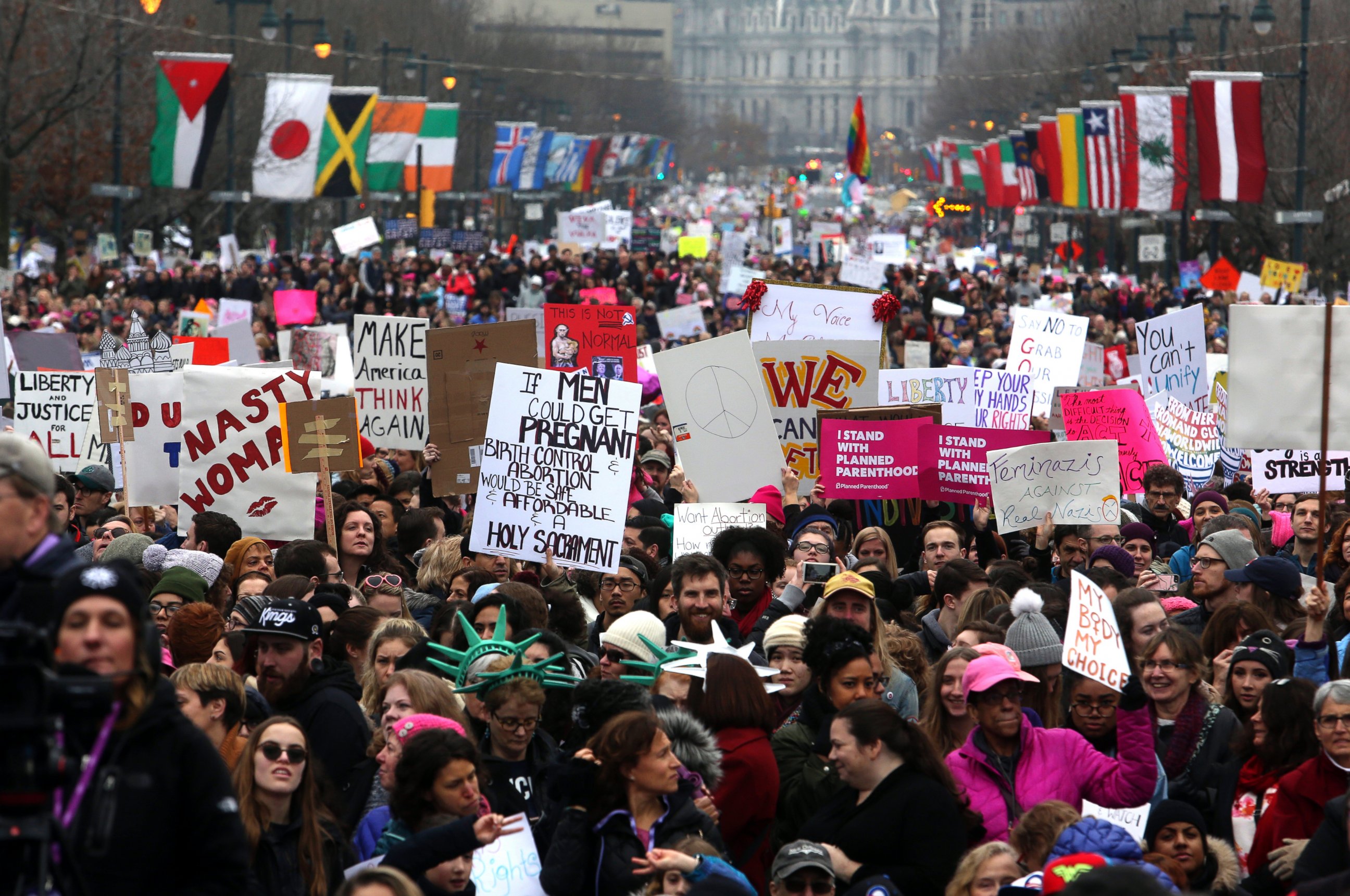 PHOTO: Thousands of protesters fill the Benjamin Franklin Parkway as they participate in a Women's March, Jan. 21, 2017 in Philadelphia. 