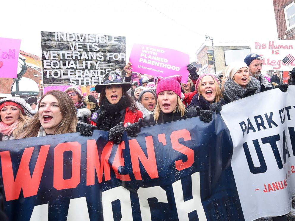 PHOTO: Jennifer Beals, Chelsea Handler and Charlize Theron participate in the Womens March on Main Street, Jan. 21, 2017 in Park City, Utah.