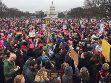 PHOTO: Demonstrators protest on the National Mall in Washington, D.C., for the Womens march, Jan. 21, 2017.