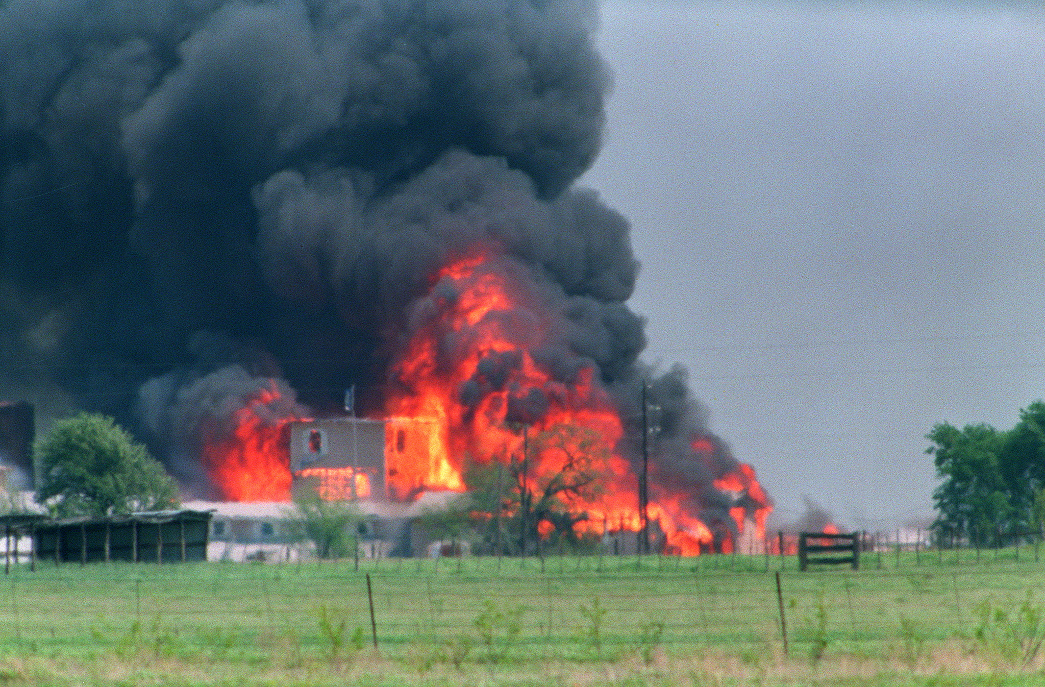 PHOTO: The Branch Davidian Compound observation tower shown engulfed in flames after a fire started inside the compound, killing Koresh and 80 of his followers on April 19, 1993 in Waco, Texas.