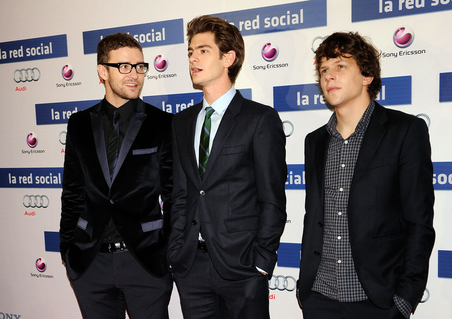 PHOTO: Left to right, Justin Timberlake, Andrew Garfield and Jesse Eisenberg attend "La Red Social" (The Social Network) premiere at the Proyecciones Cinema, Oct. 6, 2010, in Madrid.