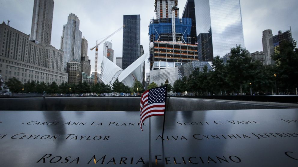 A U.S. flag is placed on the 9/11 memorial before the ceremony to commemorate the 14th Anniversary of the terrorist attacks on Sept. 11, 2015 in New York City.