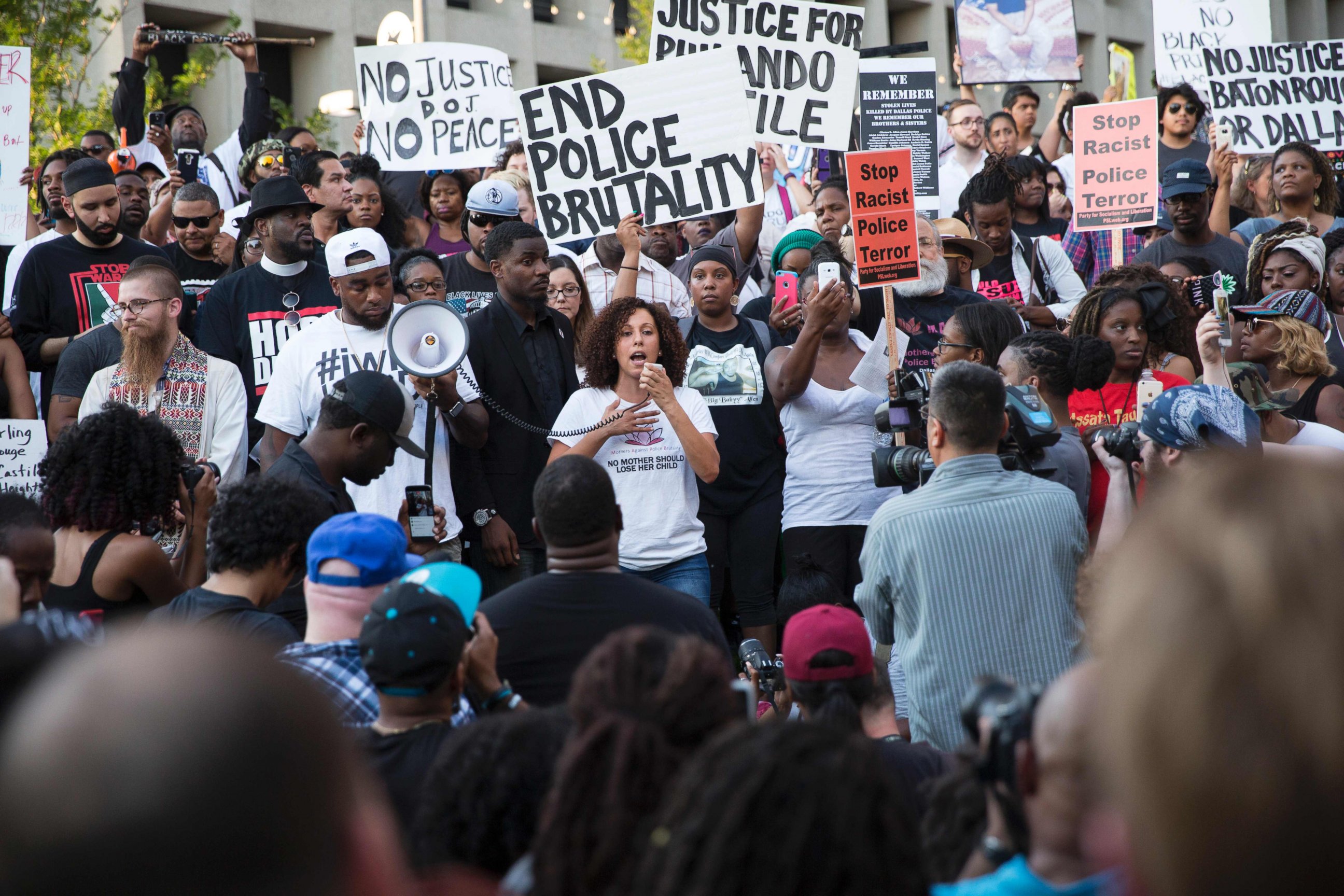 PHOTO: People rally in Dallas, Texas, July 7, 2016 to protest the deaths of Alton Sterling and Philando Castile. This was before the shooting incident happened that killed five Dallas Police officers.