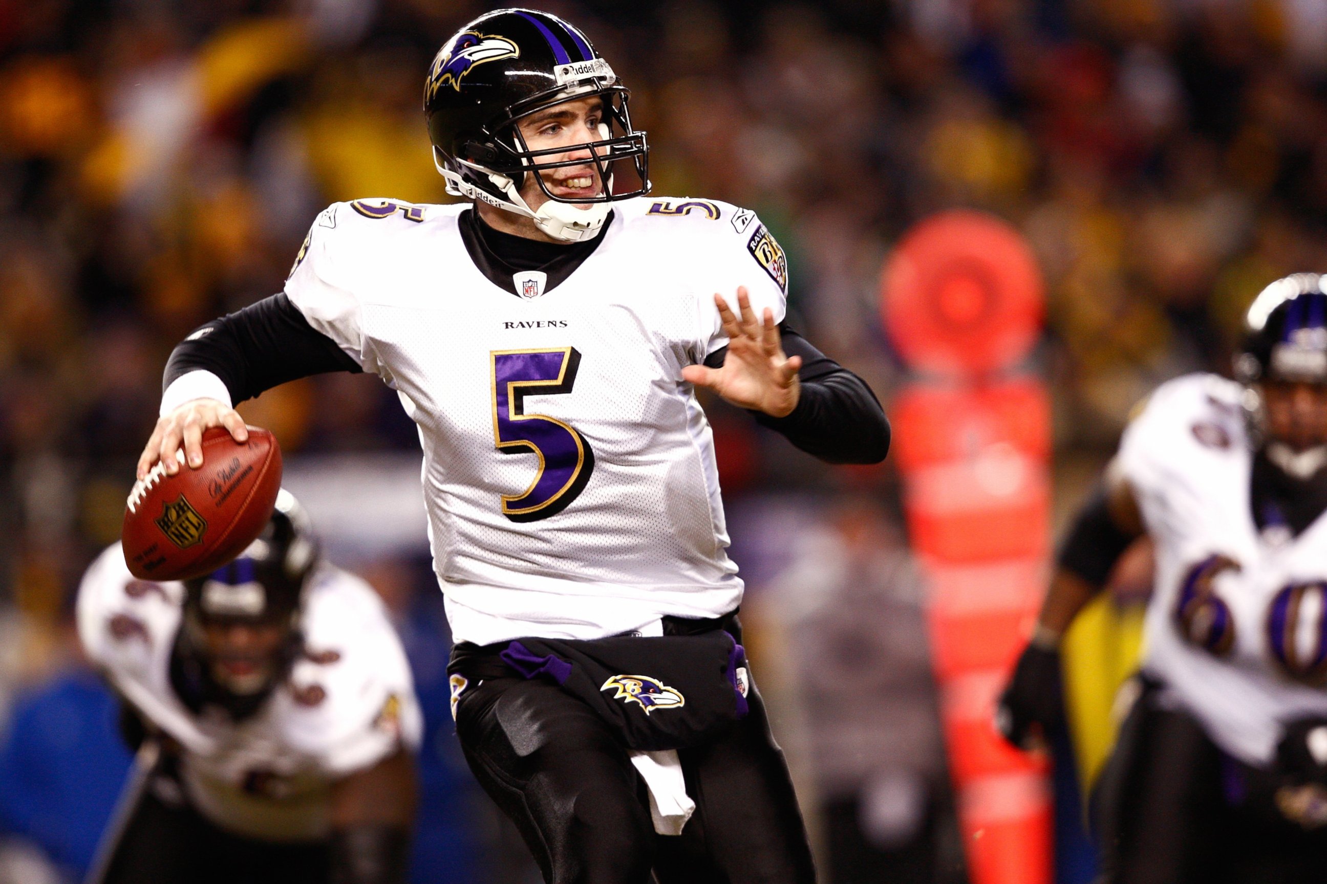 PHOTO: Joe Flacco #5 of the Baltimore Ravens looks to pass the football against the Pittsburgh Steelers during the AFC Championship game at Heinz Field on Jan. 18, 2009 in Pittsburgh, Pennsylvania. The Steelers won 23-14 to advance to Super Bowl XLIII.
