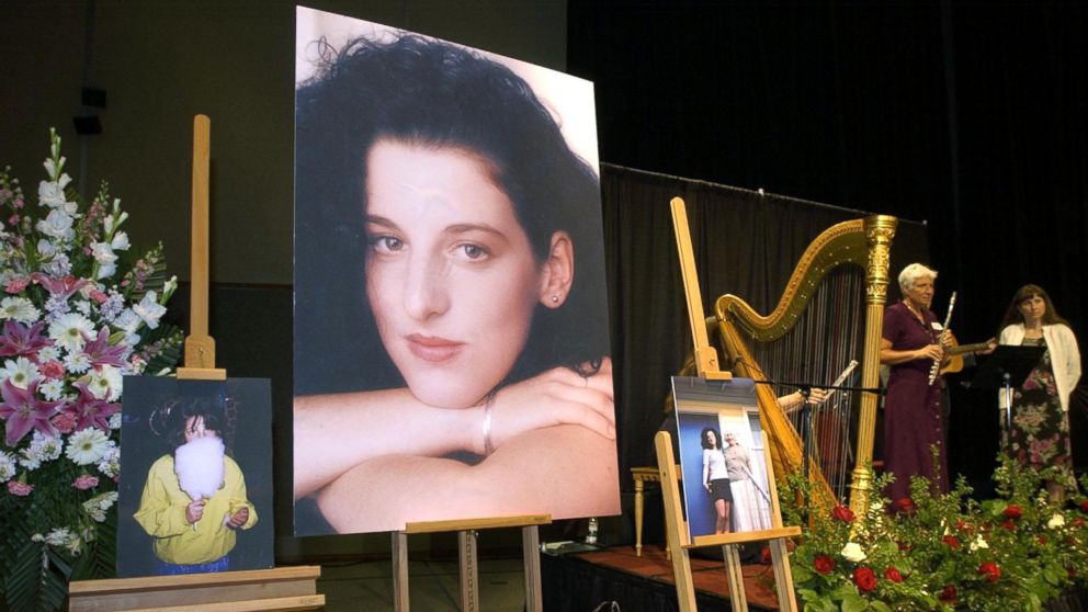 PHOTO: Photographs of Chandra Levy are displayed during a memorial for her at the Modesto Centre Plaza 28 May, 2002 in Modesto, Calif.