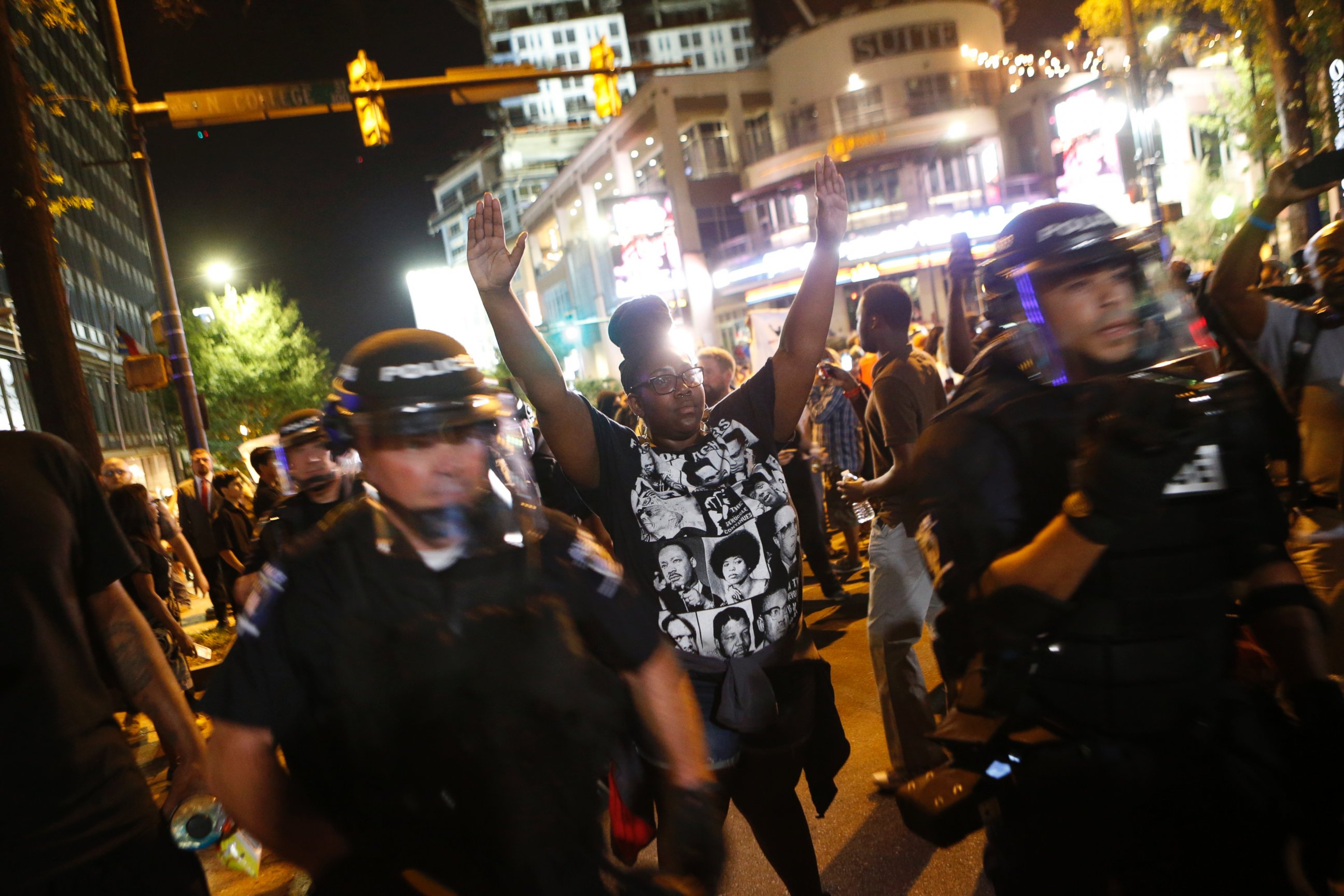 PHOTO: Protestors march to protest the death of Keith Scott Sept. 21, 2016 in Charlotte, North Carolina. Scott, who was black, was shot and killed at an apartment complex near UNC Charlotte by police officers.