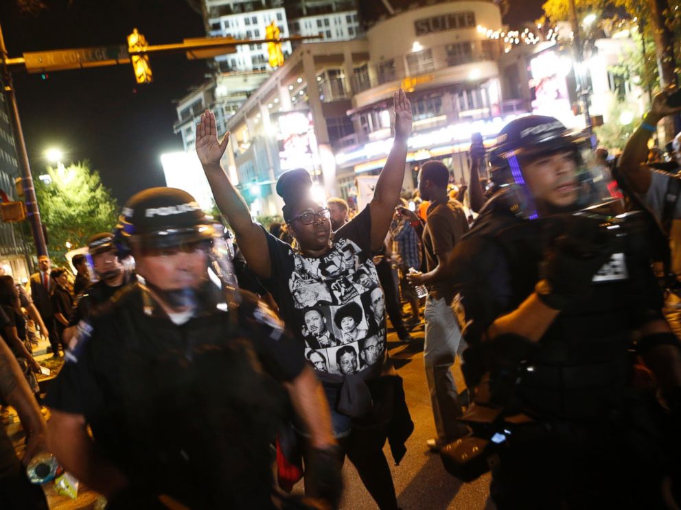 PHOTO: Protestors march to protest the death of Keith Scott Sept. 21, 2016 in Charlotte, North Carolina. Scott, who was black, was shot and killed at an apartment complex near UNC Charlotte by police officers.