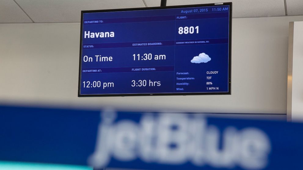 PHOTO: A direct flight to Havana, Cuba, is listed on a screen in JetBlue Airways Corp.'s Terminal 5 at John F. Kennedy International Airport (JFK) airport in New York, on Aug. 7, 2015. 