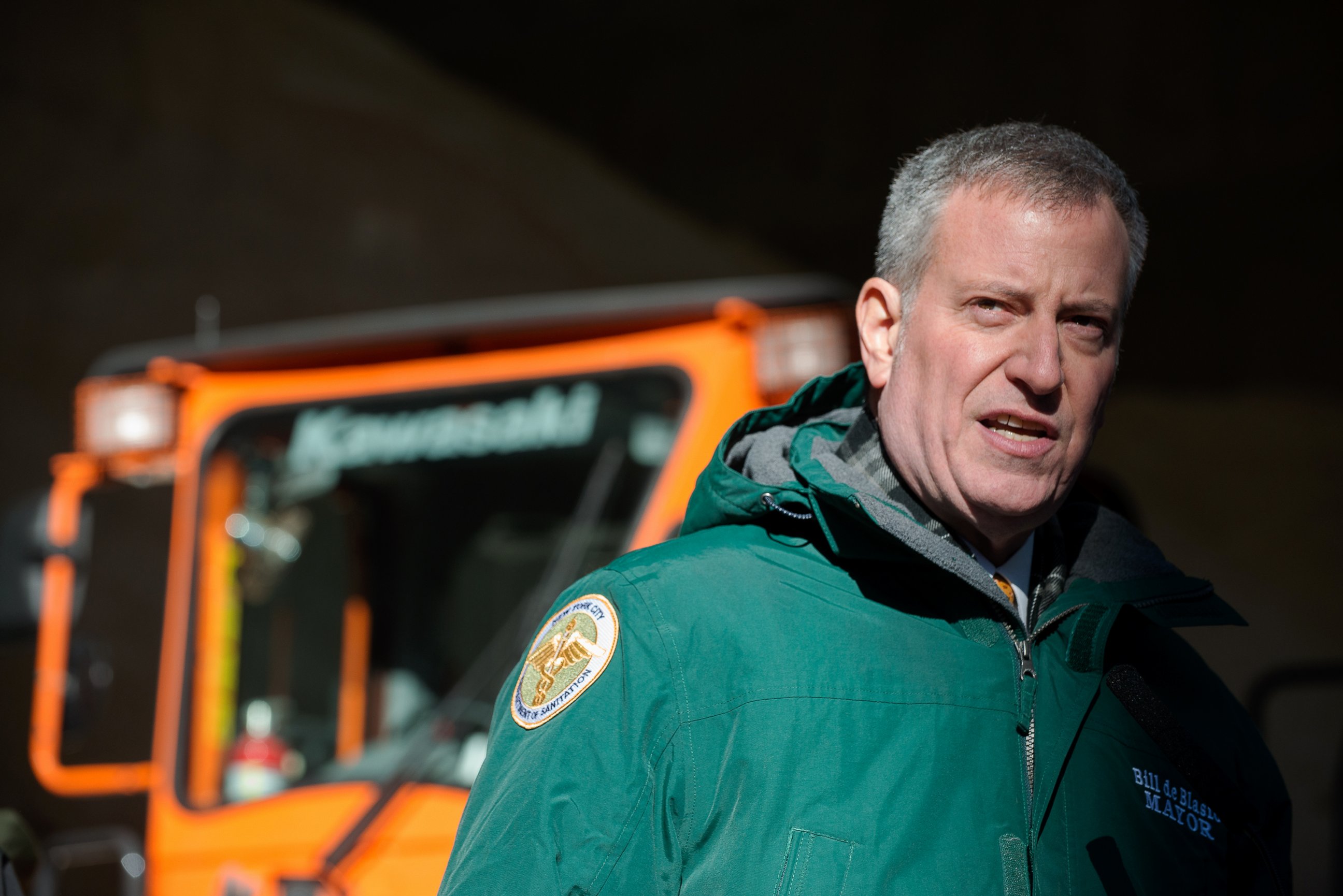 PHOTO: New York City Mayor Bill De Blasio speaks about the city's preparedness at the Spring Street salt shed on Jan. 21, 2016. Winter Storm Jonas is expected to hit New York City this weekend.