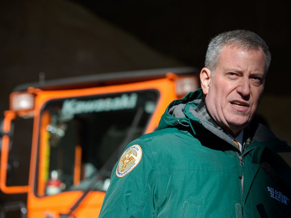 PHOTO: New York City Mayor Bill De Blasio speaks about the citys preparedness at the Spring Street salt shed on Jan. 21, 2016. Winter Storm Jonas is expected to hit New York City this weekend.