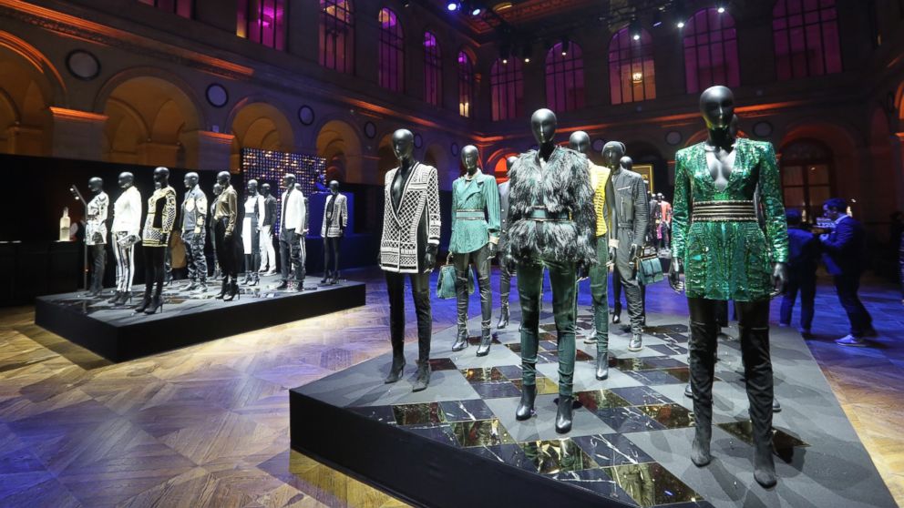 PHOTO:Outfits in display for the BALMAIN x H&M Paris Launch on Nov. 3, 2015 in Paris, France. 