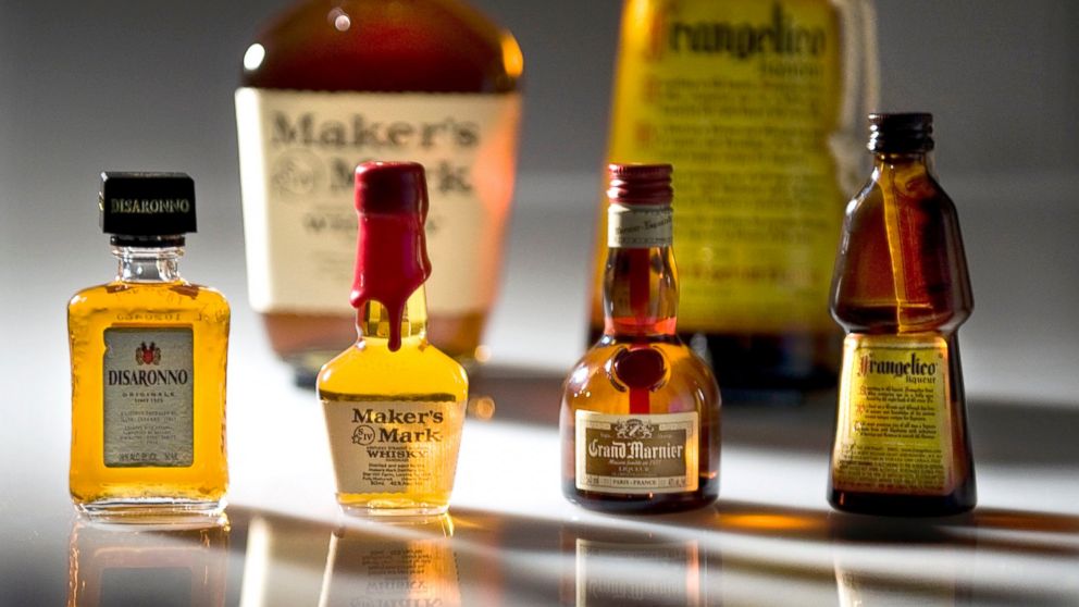 Mini bottles of Disaronno, Maker's Mark, Grand Marnier and Frangelico are pictured in this undated photo. 