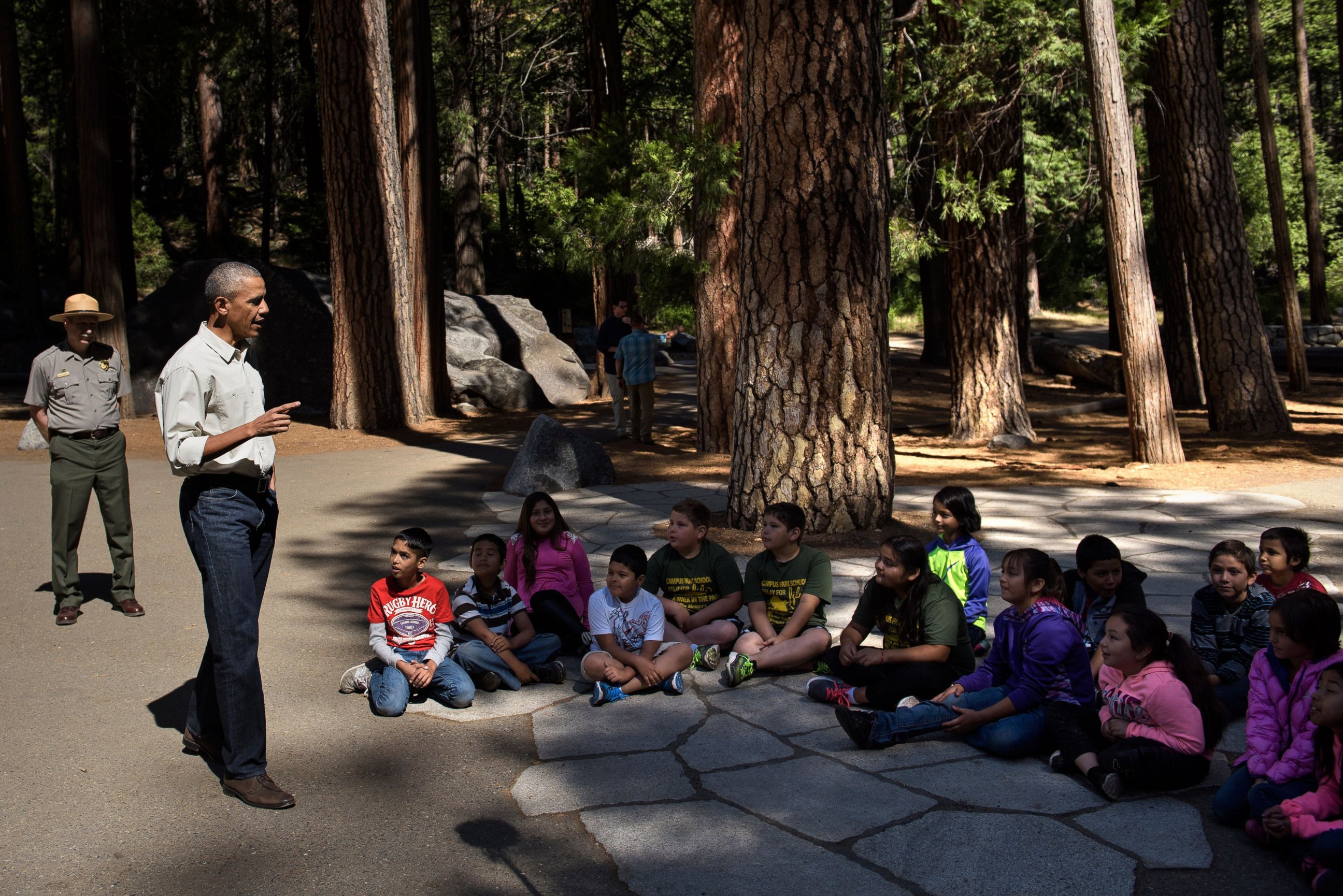 PHOTO: President Barack Obama speaks to children about the "Every Kid in the Park" initiative in Yosemite National Park, California, while celebrating the 100th year of US National Parks June 18, 2016.