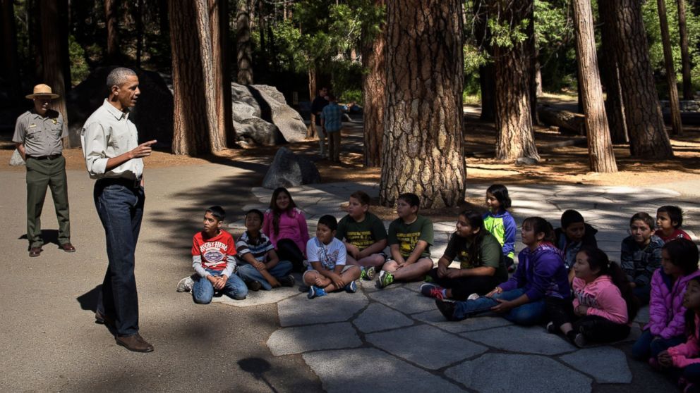 PHOTO: President Barack Obama speaks to children about the "Every Kid in the Park" initiative in Yosemite National Park, California, while celebrating the 100th year of US National Parks June 18, 2016.